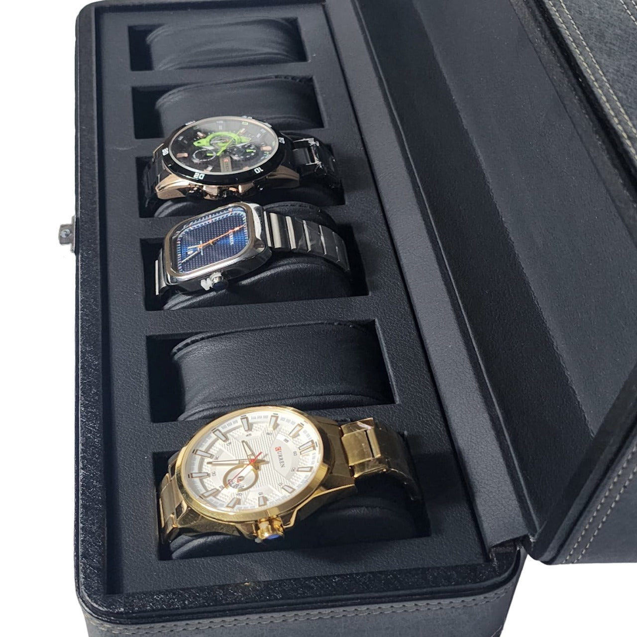 CURREN Black PU Leather 6 Grids Watch Organizer Box