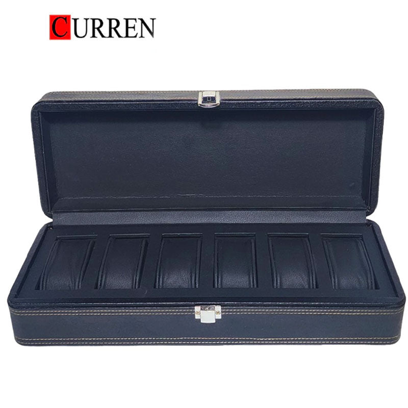 CURREN Black PU Leather 6 Grids Watch Organizer Box